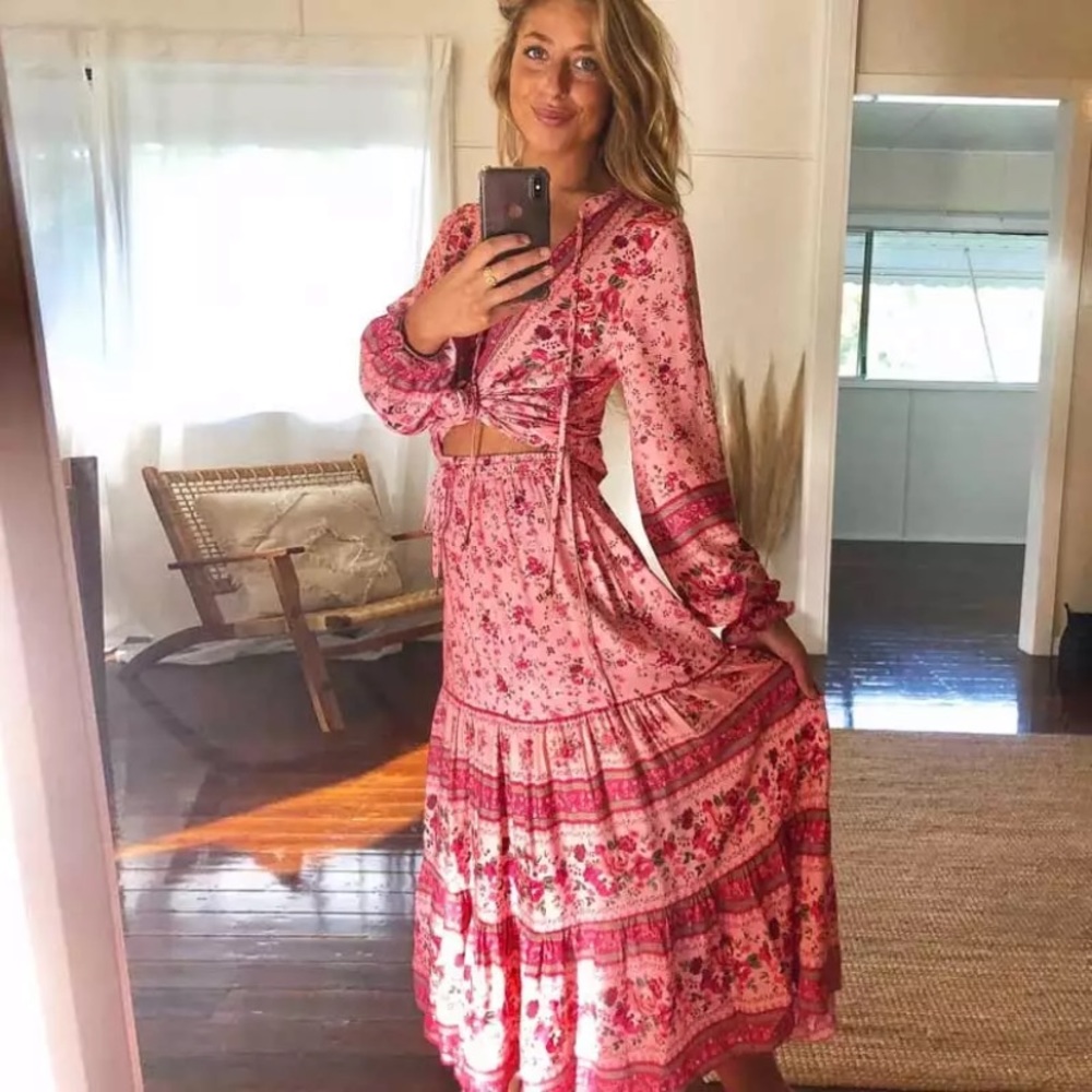 Pink Floral Gypsy Bohemian Button Long Sleeve Top - Picture 6 of 11